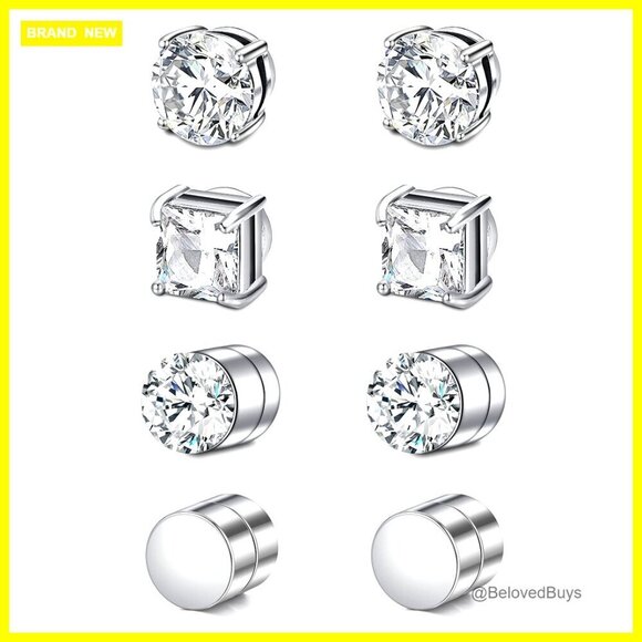 Jewelry - Stainless Steel Magnetic Stud Earrings, Non-Piercing Design, 4 Pairs